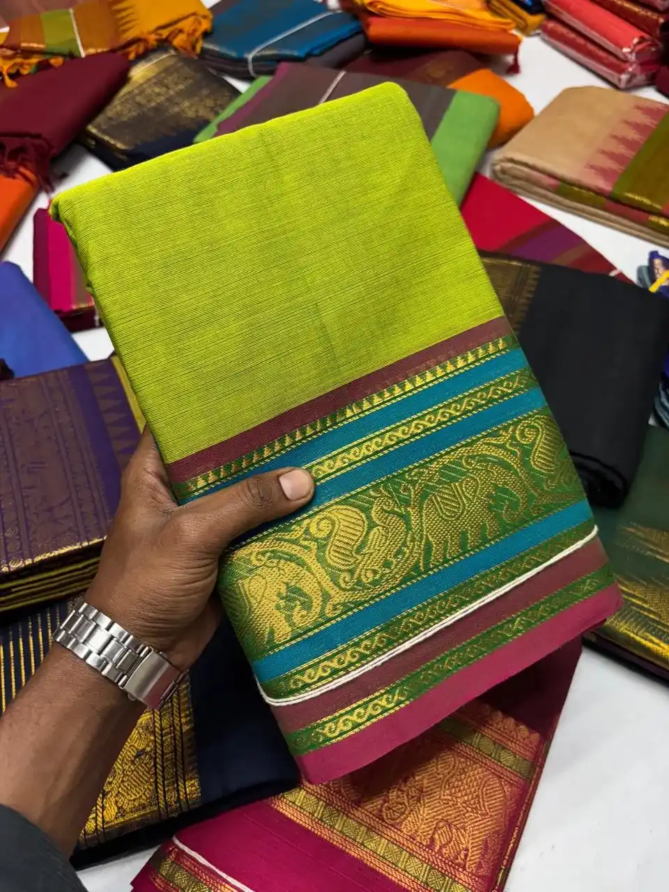 Lime Green Kanchi Pure Cotton Saree